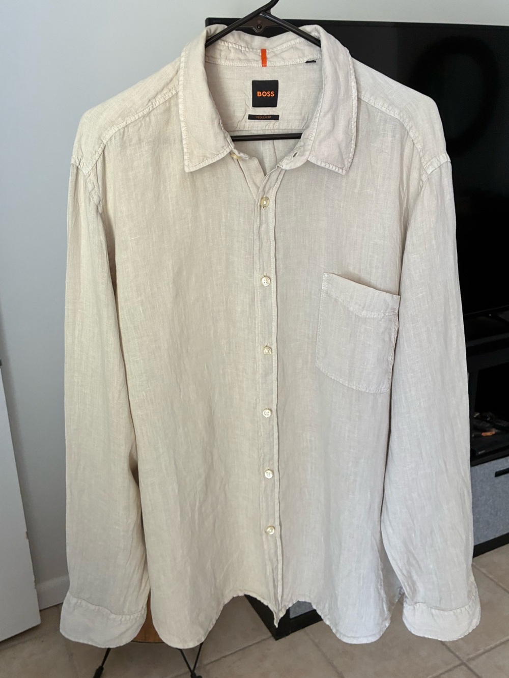 Hugo Boss Mens XXL Linen Shirt Beige Long Sleeve Casual Button Up Pocket